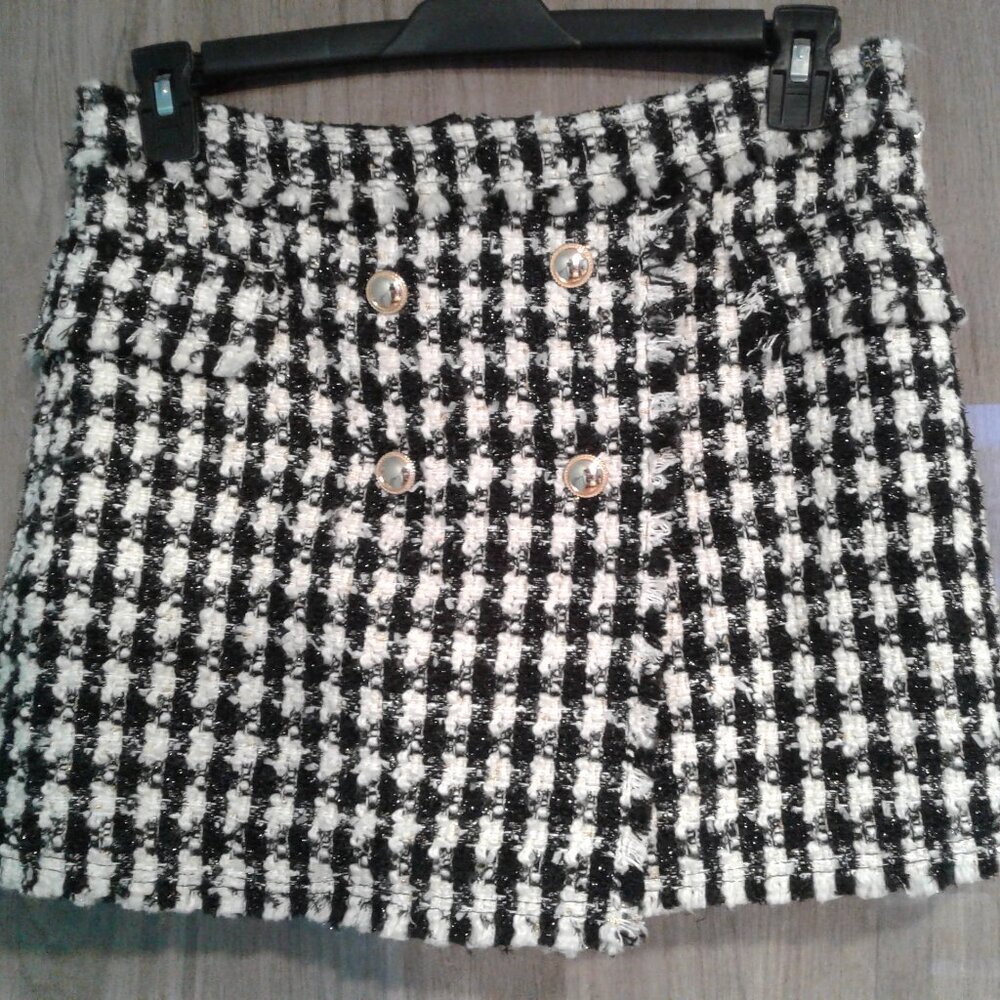 WOMEN MINI SHORTS SKIRT BLACK WHITE PLAID TWEED SIZE M MEDIUM L LARGE WAIST 33"